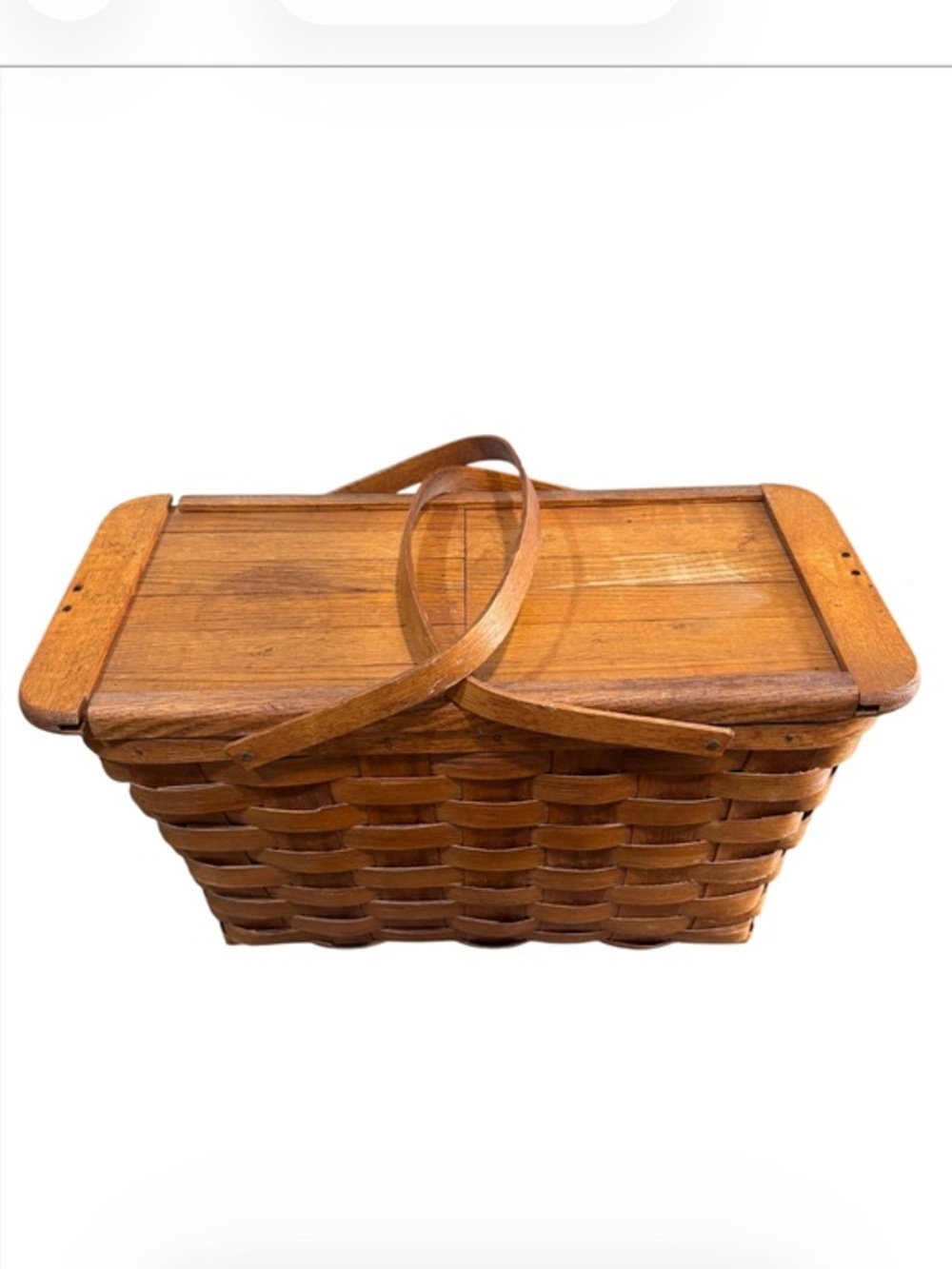 Mid Century Basketville woven oak Picnic Basket With Sliding Lid Doors brown